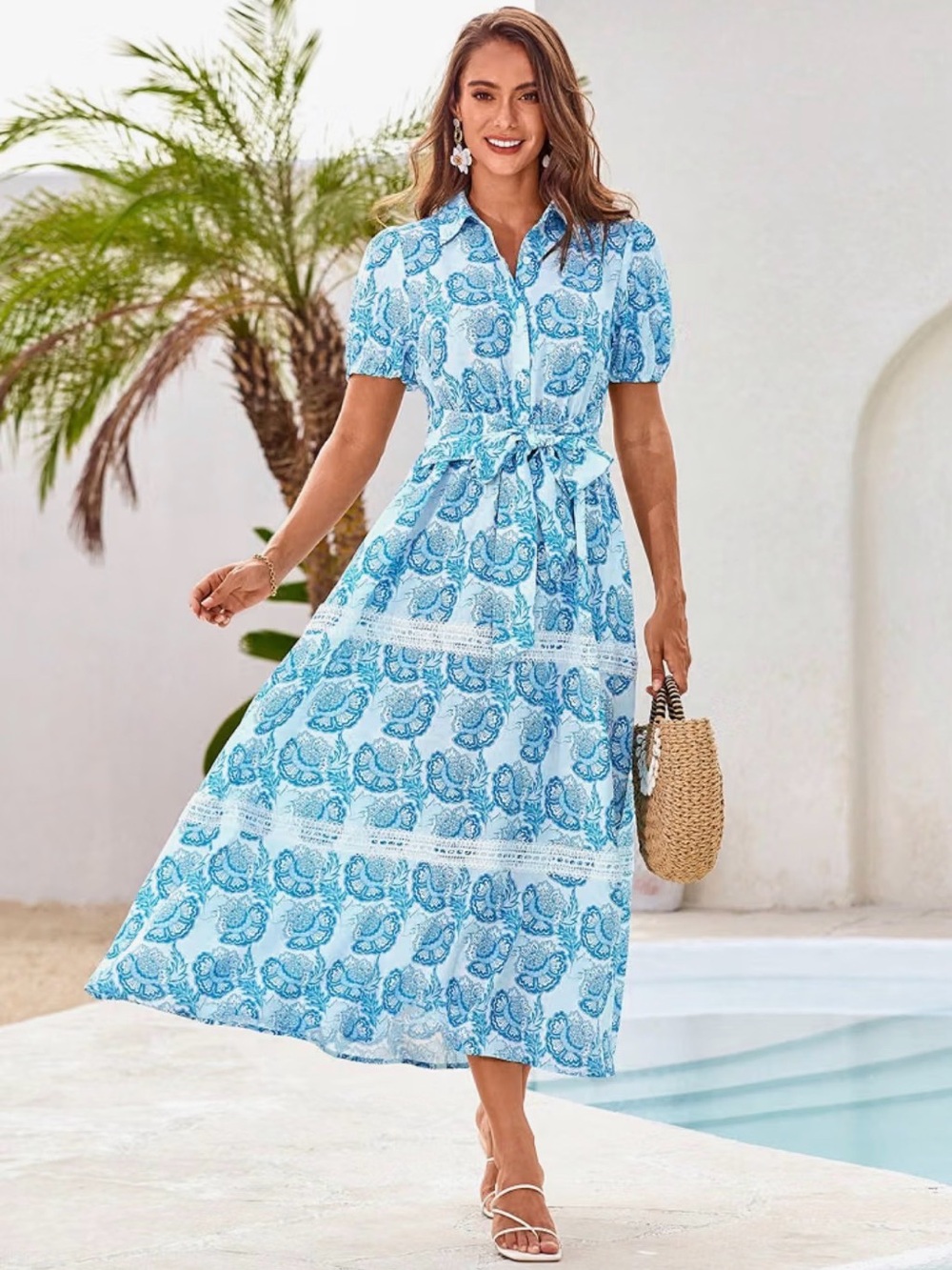 Grace Karin Boho Belted Paisley Floral A-Line Maxi Short-Sleeved Shirt Dress | M
